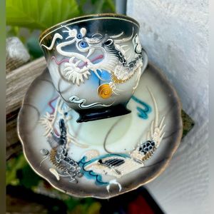 Vintage Oriental blue eyed dragon plate and saucer set